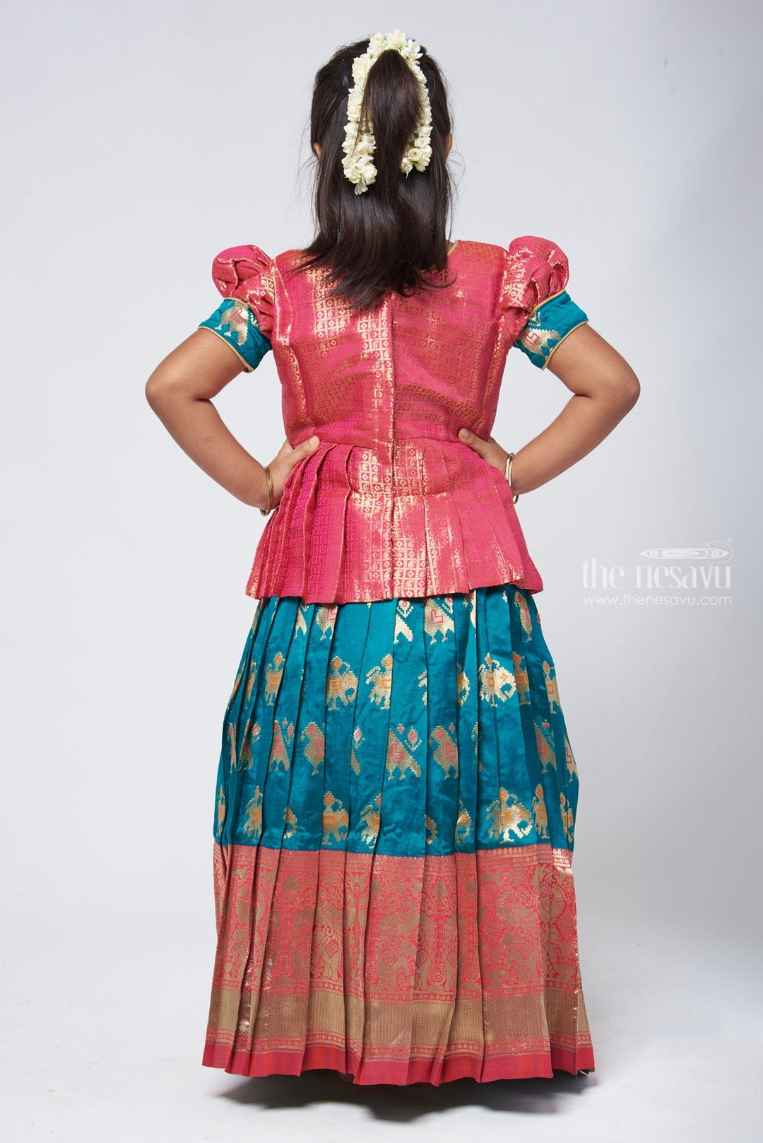 The Nesavu Pattu Pavadai Classic Pattu Langa Silk Peplum Green Blouse with Traditional Pavadai Sattai - Festive Delight Nesavu Girls Pattu Skirt And Blouse Set | Indian Ethnic Dress For Kids | The Nesavu