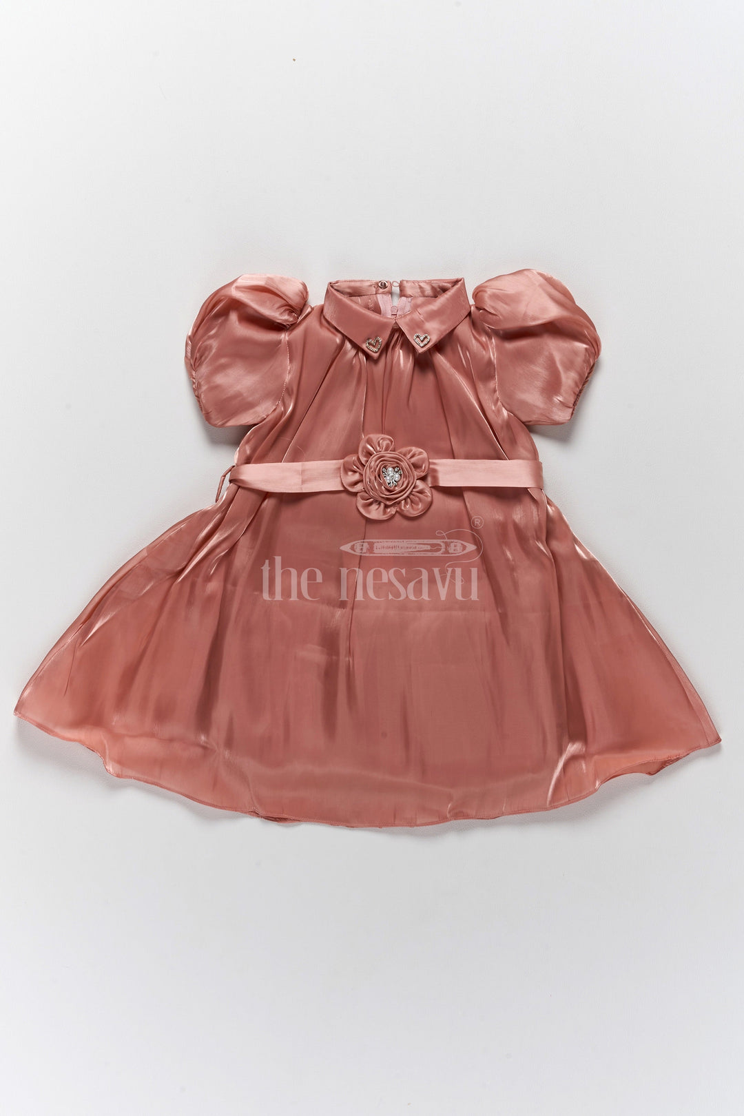 The Nesavu Girls Fancy Frock Classic Plain Georgette Frock with Delicate Floral Belt Accent for Girls Nesavu 20 (3Y) / Beige GFC1529A-20 Plain Georgette Frock Girls Nesavu Elegant Floral Belt Accent