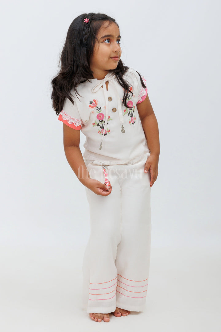 The Nesavu Girls Sharara / Plazo Set Co-Ord Set for Girls - Linen Cotton Crop Top & Palazzo Pant Nesavu Co-Ord Set for Girls - Linen Cotton Crop Top & Palazzo Pant with Floral Embroidery