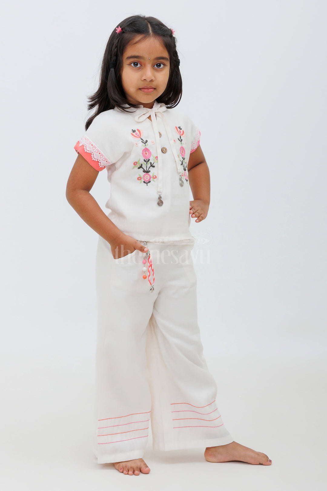 The Nesavu Girls Sharara / Plazo Set Co-Ord Set for Girls - Linen Cotton Crop Top & Palazzo Pant Nesavu Co-Ord Set for Girls - Linen Cotton Crop Top & Palazzo Pant with Floral Embroidery