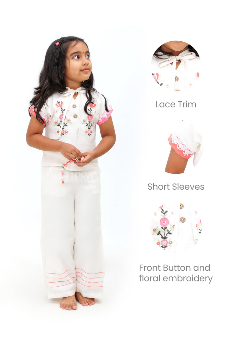 The Nesavu Girls Sharara / Plazo Set Co-Ord Set for Girls - Linen Cotton Crop Top & Palazzo Pant Nesavu Co-Ord Set for Girls - Linen Cotton Crop Top & Palazzo Pant with Floral Embroidery