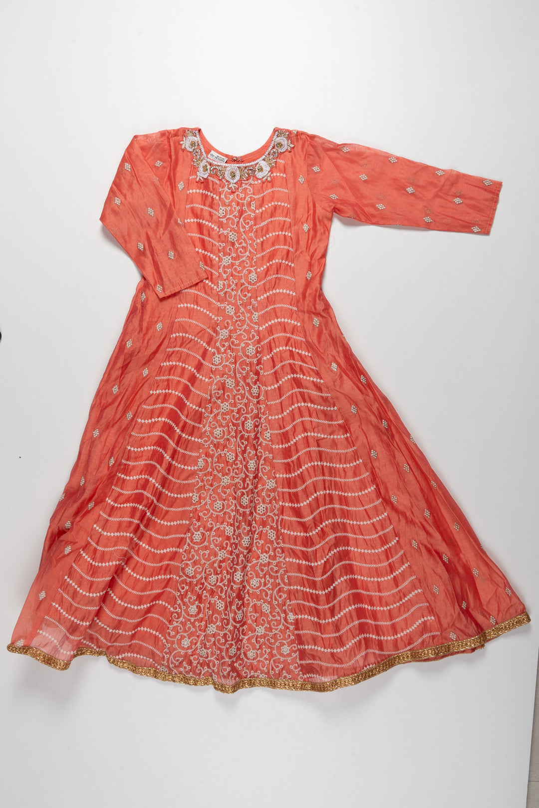 The Nesavu Girls Silk Gown Coral Embroidered Silk Long Frock for Girls - Traditional Ethnic Wear Nesavu 26 (6Y) / Orange GA068-26 Girls Coral Embroidered Silk Long Frock | Traditional Ethnic Wear | Festive Attire | The Nesavu