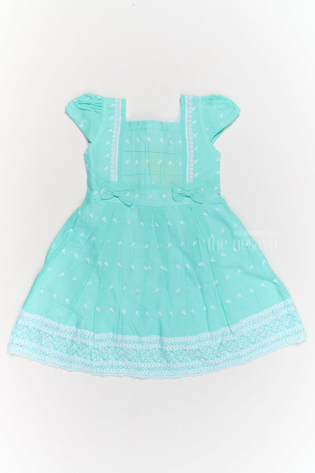 The Nesavu Girls Cotton Frock Cotton Dress New for Girls with Pleated Skirt, Lace Trim, and Bow Details Nesavu 20 (3Y) / Turquoise GFC1546A-20 Nesavu Cotton Girls New Dress Lace Trim Pleated Skirt Bow Details  Perfect Special Occasions