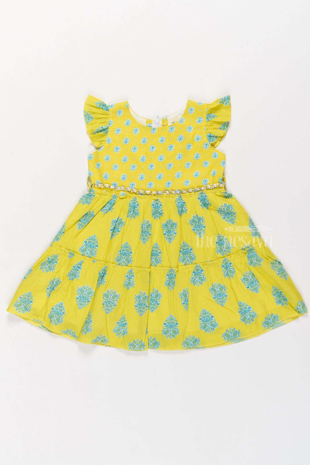 The Nesavu Girls Cotton Frock Cotton Gown Frock for Girls with Vibrant Traditional Prints and Ruffled Sleeves Nesavu 20 (3Y) / Yellow GFC1502B-20 Nesavu Cotton Gown Frock Girls Vibrant Yellow Traditional Prints Ruffled Details