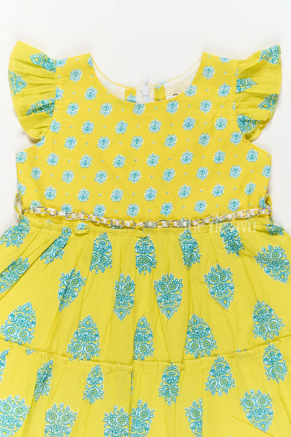 The Nesavu Girls Cotton Frock Cotton Gown Frock for Girls with Vibrant Traditional Prints and Ruffled Sleeves Nesavu Nesavu Cotton Gown Frock Girls Vibrant Yellow Traditional Prints Ruffled Details