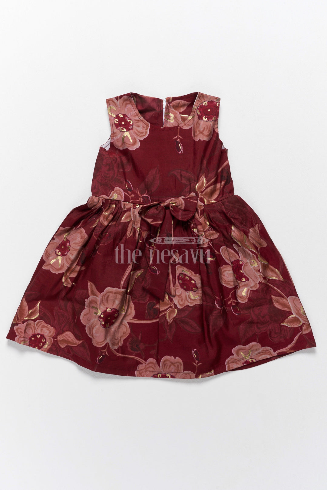 The Nesavu Girls Fancy Frock Cotton Half Frock with Burgundy Floral Design for Girls Nesavu 18 (2Y) / Brown GFC1526B-18 Nesavu Cotton Half Frock Girls  Burgundy Floral Design Flared Skirt