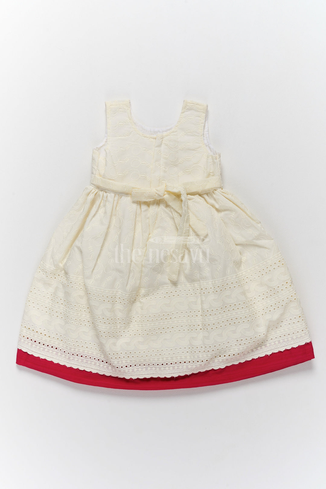 The Nesavu Girls Cotton Frock Cotton Ke Gown with Elegant Hakoba Embroidery and Red Bow for Girls Nesavu Nesavu Cotton Ke Gown Girls Hakoba Embroidery Red Bow  Ideal Celebrations