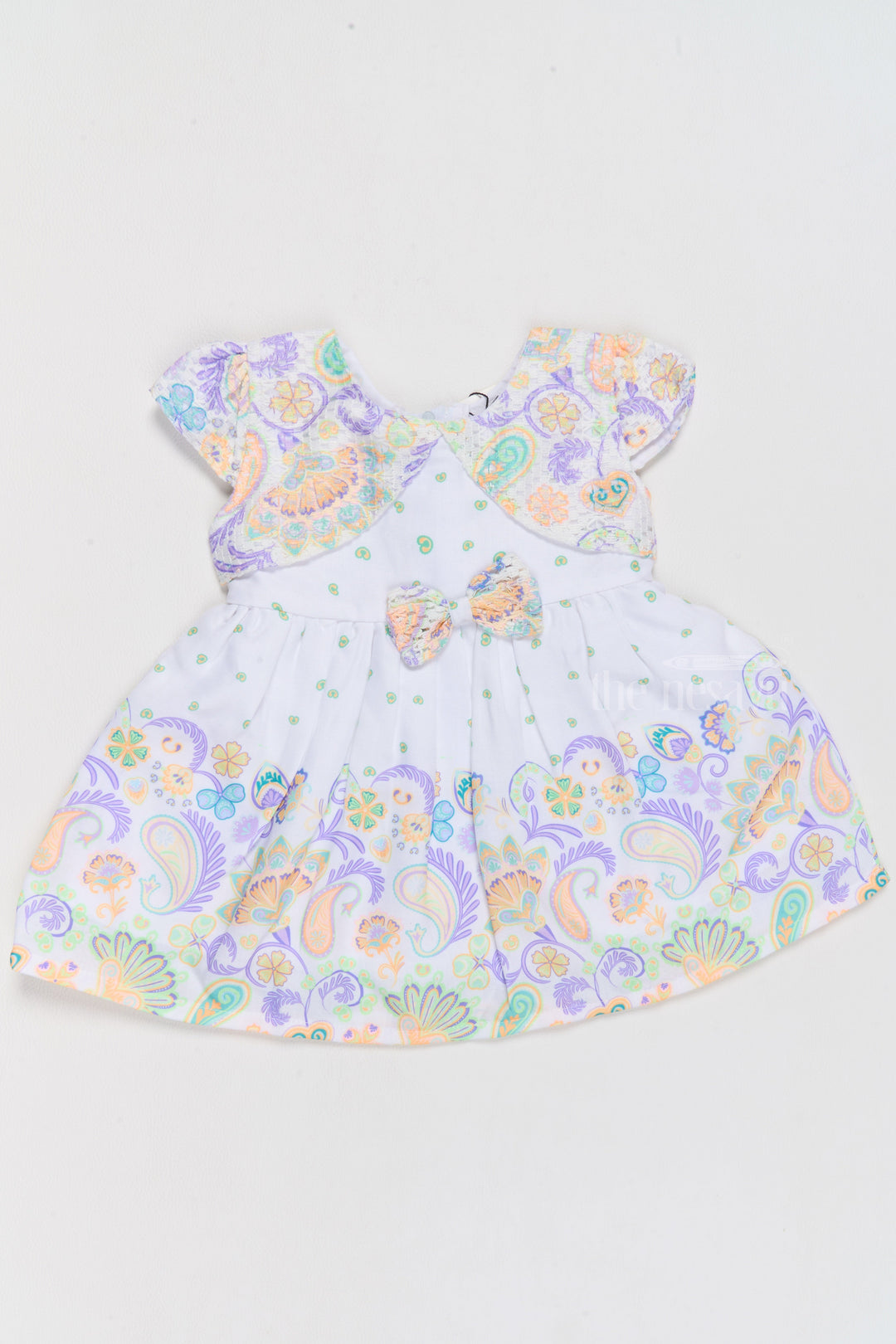 The Nesavu Baby Cotton Frocks Cotton Knee-Length Frock for Girls with Paisley Prints and Charming Bow Nesavu 14 (6M) / White BFJ701C-14 Nesavu Cotton Knee-Length Girls Frock Paisley Prints Bow Detail  Ideal Celebrations