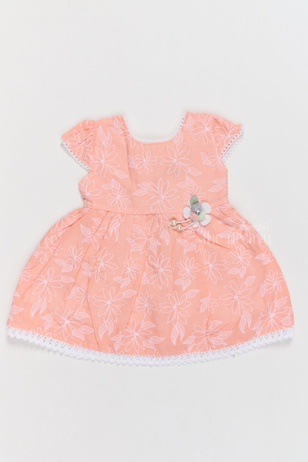 The Nesavu Baby Cotton Frocks Cotton Mini Dress for Girls with Embroidered Floral Design and Lace Trim Nesavu 14 (6M) / Peach BFJ705A-14 Nesavu Cotton Mini Girls Dress Floral Embroidery Lace Trim Special Moments