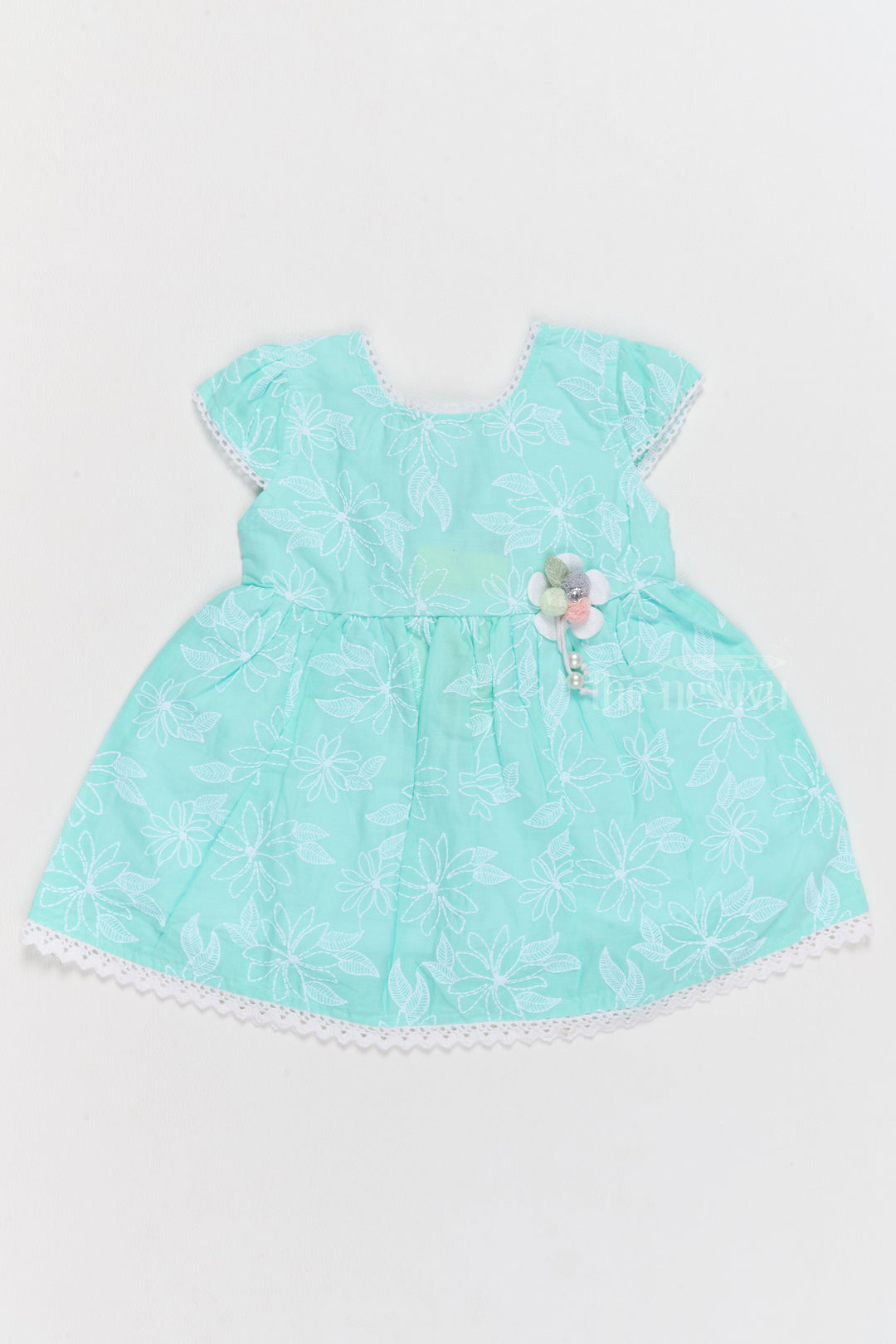 The Nesavu Baby Cotton Frocks Cotton Plain Dress for Girls with Elegant Floral Embroidery and Lace Trim Nesavu 14 (6M) / Turquoise BFJ705C-14 Nesavu Cotton Plain Girls Dress Floral Embroidery Lace Trim  Perfect Holidays