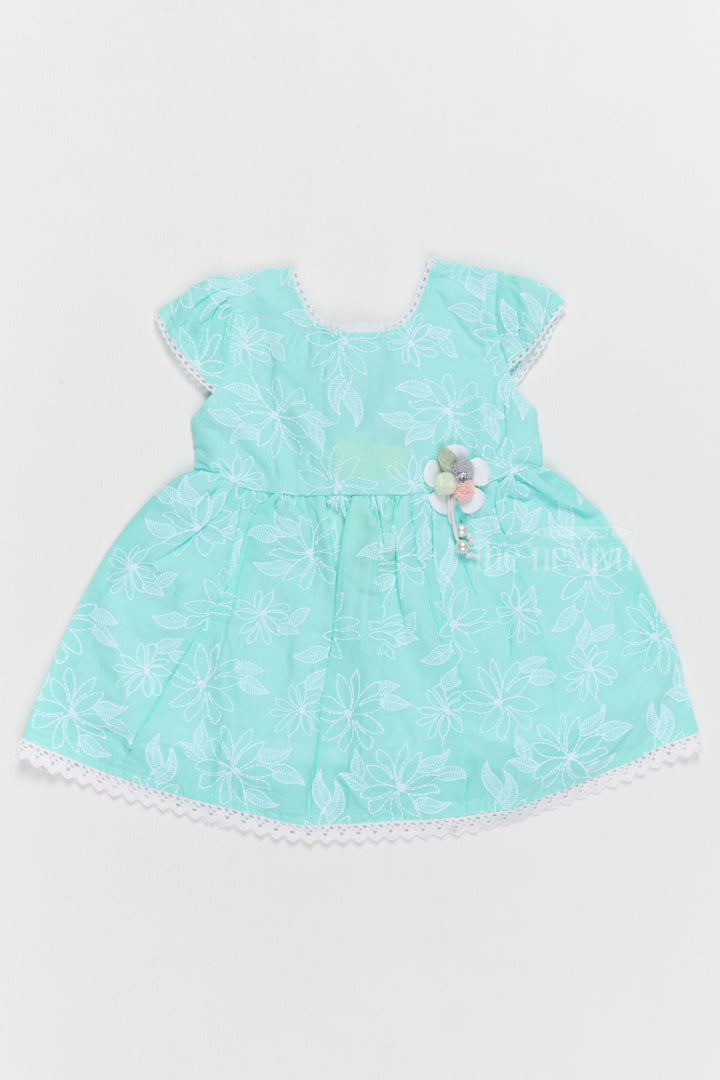 The Nesavu Baby Cotton Frocks Cotton Plain Dress for Girls with Elegant Floral Embroidery and Lace Trim Nesavu 14 (6M) / Turquoise BFJ705C-14 Nesavu Cotton Plain Girls Dress Floral Embroidery Lace Trim  Perfect Holidays