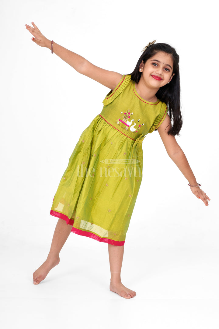 The Nesavu Girls Cotton Frock Cotton Short Frock for Women in Chanderi Silk with Duck Embroidery and Ruffled Details, Perfect for Festive Gatherings Nesavu 12 (3M) / Green GFC1457A-12 Charming Cotton Short Frock Women Chanderi Silk Duck Embroidery Nesavu Ideal Festive Gatherings