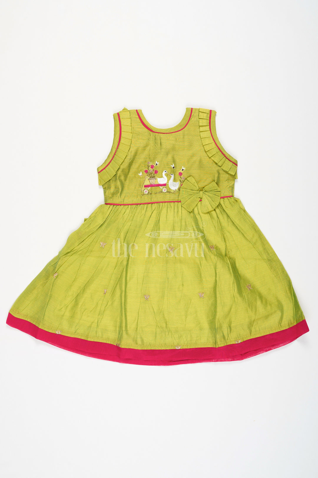 The Nesavu Girls Cotton Frock Cotton Short Frock for Women in Chanderi Silk with Duck Embroidery and Ruffled Details, Perfect for Festive Gatherings Nesavu Charming Cotton Short Frock Women Chanderi Silk Duck Embroidery Nesavu Ideal Festive Gatherings