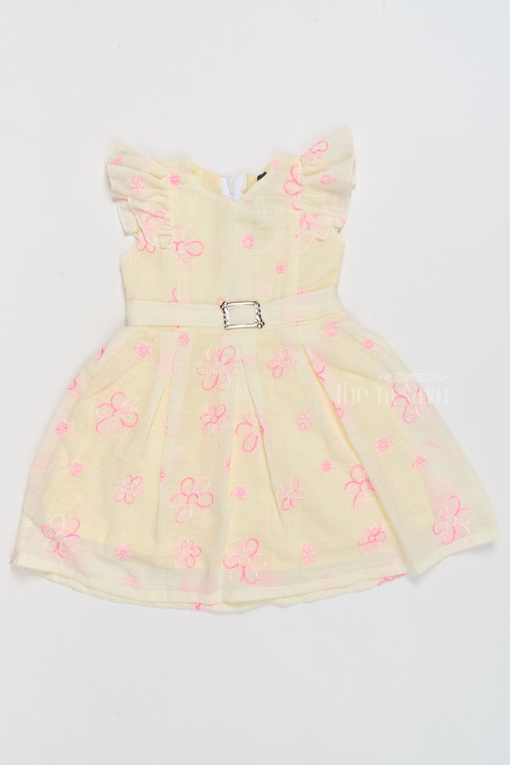 The Nesavu Girls Cotton Frock Cotton Stitched Dresses for Girls with Delicate Floral Embroidery and Ruffled Sleeves Nesavu 20 (3Y) / Yellow GFC1544B-20 Nesavu Cotton Stitched Girls Dress Floral Embroidery Jeweled Buckle Family Events