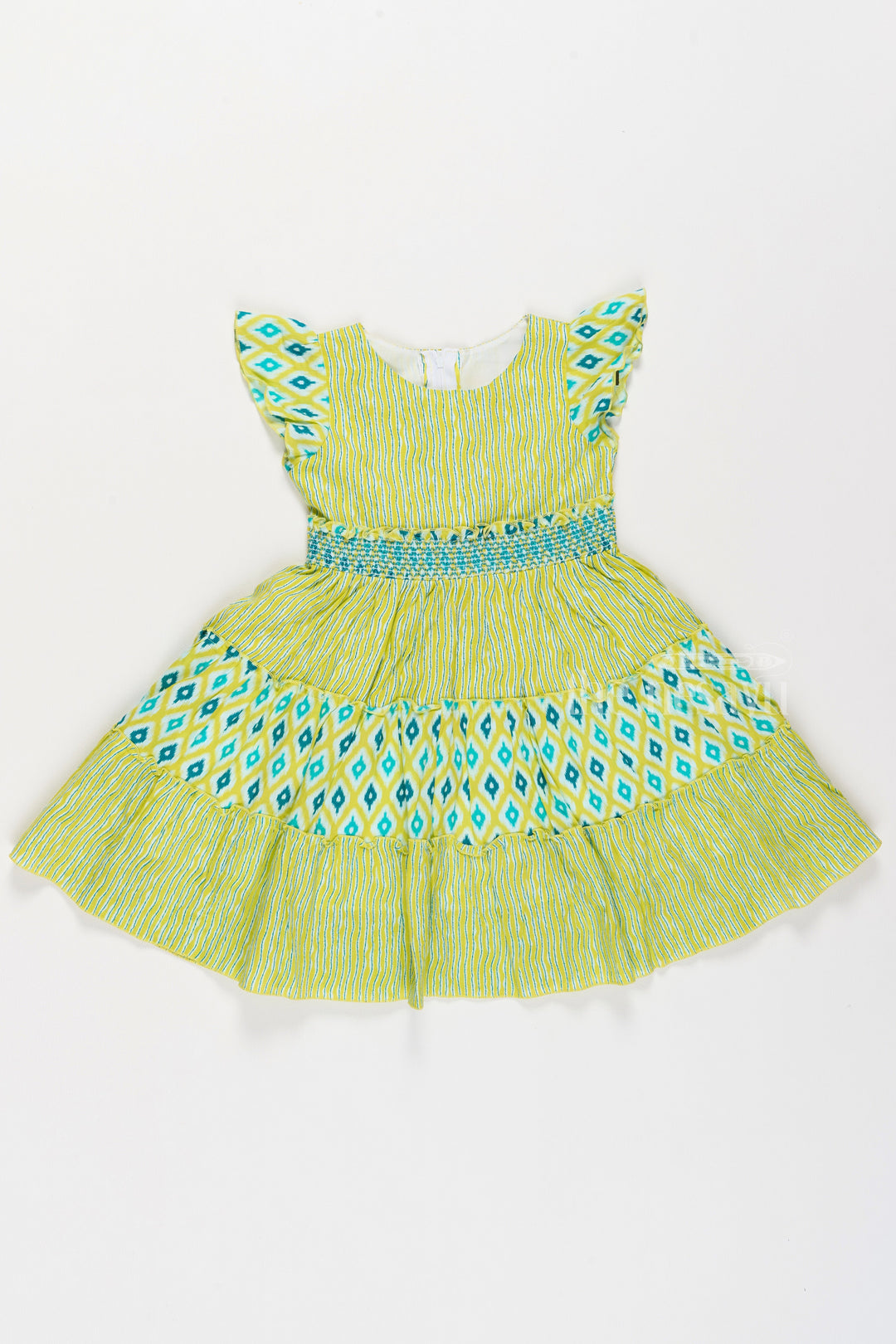 The Nesavu Girls Cotton Frock Cotton Umbrella Frock for Girls with Ikat Print and Pleated Skirt Nesavu 20 (3Y) / Green GFC1501B-20 Nesavu Cotton Umbrella Frock Girls Green Blue Ikat Print