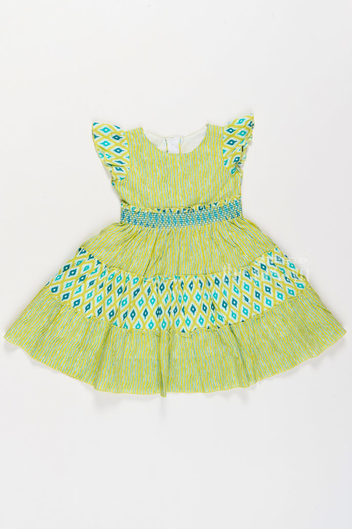 The Nesavu Girls Cotton Frock Cotton Umbrella Frock for Girls with Ikat Print and Pleated Skirt Nesavu 20 (3Y) / Green GFC1501B-20 Nesavu Cotton Umbrella Frock Girls Green Blue Ikat Print