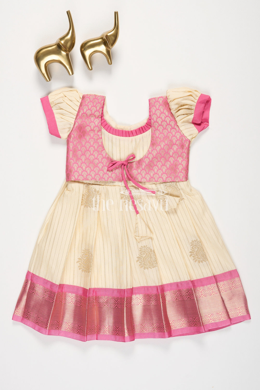 The Nesavu Girls Kanchi Silk Frock Cream and Pink Semi Kanchivaram Silk Frock with Brocade Bodice and Puff Sleeves for Girls Nesavu 14 (6M) / Pink / Style 3 SF861AC-14 Nesavu Girls Semi Kanchivaram Silk Frock Cream Pink Brocade Bodice Puff Sleeves