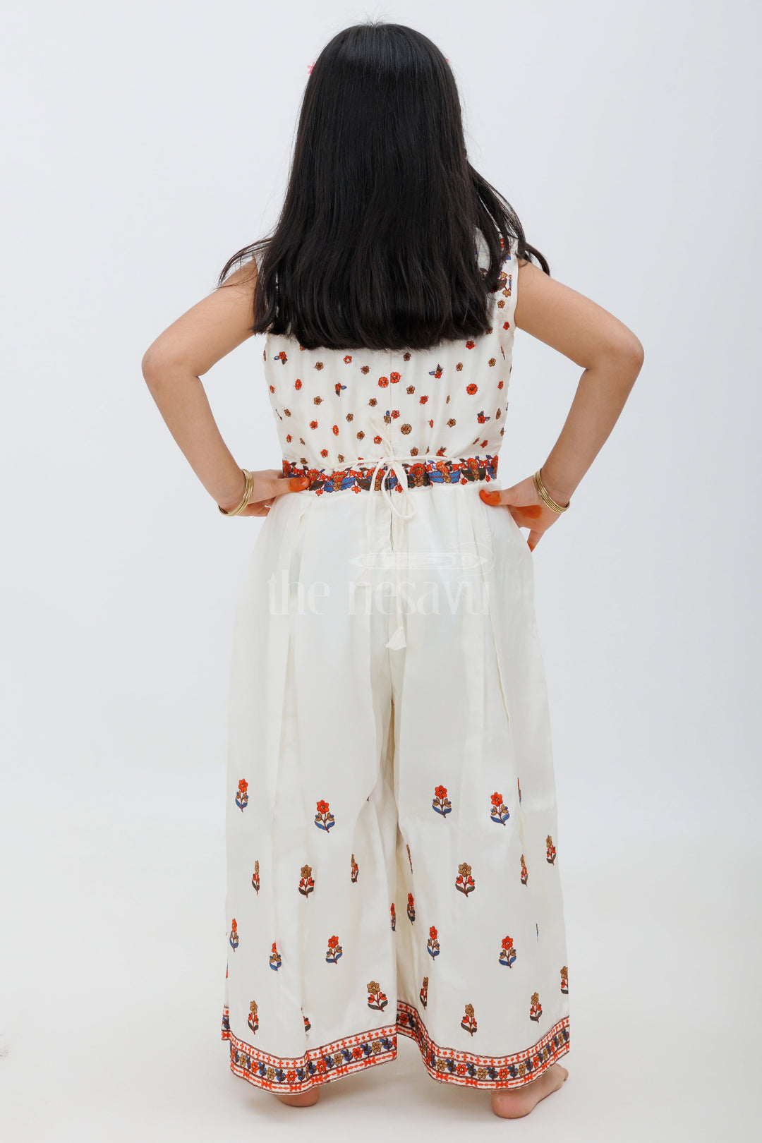 The Nesavu Girls Party Gown Cream Blend Silk Jumpsuit with Multicolor Embroidery Nesavu Cream Blend Silk Jumpsuit with Multicolor Embroidery - Nesavu