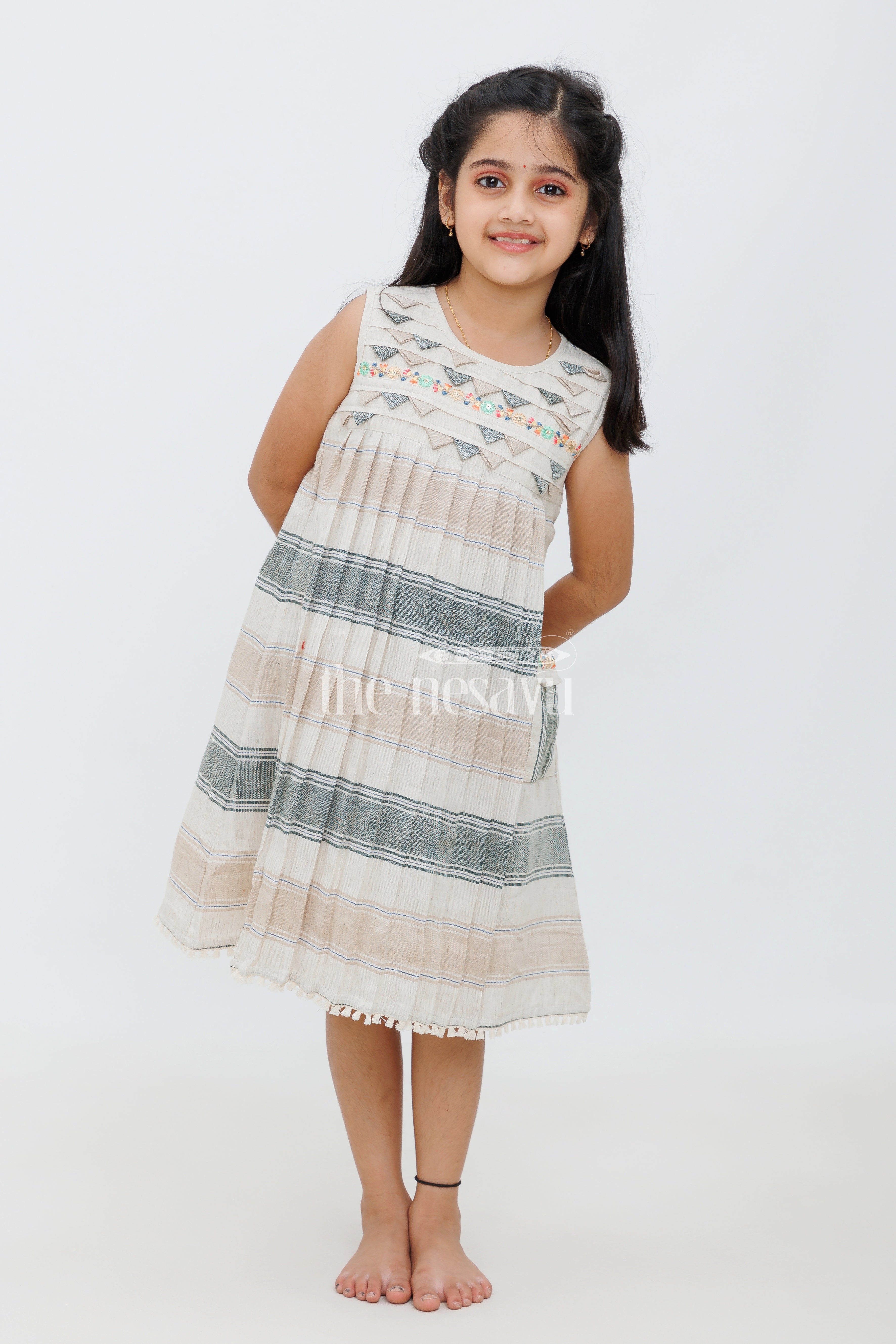 Cream Cotton A Line Frock with Embroidered Yoke and Dobby Design for Girls Nesavu The Nesavu