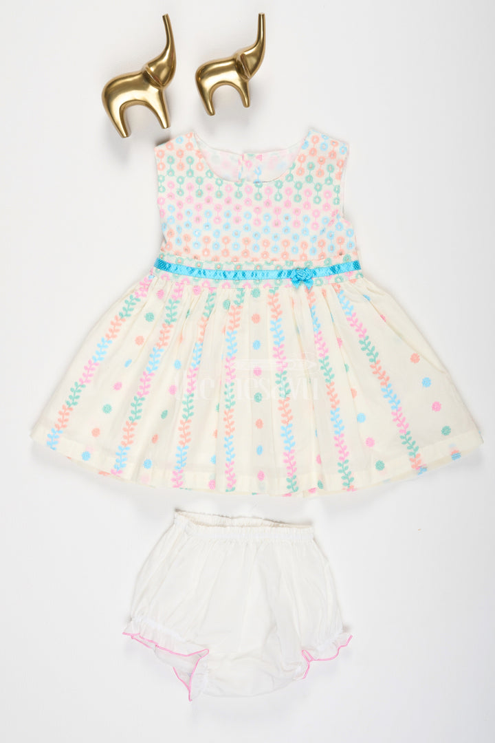 The Nesavu Baby Casual Sets Cream Cotton Baby Frock with Neon Multicolor Buttis and Bloomers Nesavu 10 (NB) / Cream BFJ605A-10 Cream Cotton Baby Frock with Neon Multicolor Buttis and Bloomers Nesavu