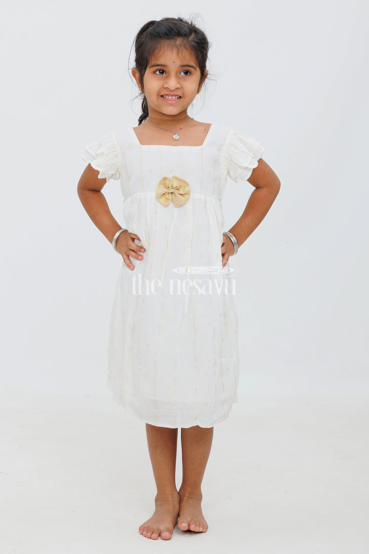 The Nesavu Girls Cotton Frock Cream Cotton Frock with Lurex Stripes and DoubleLayer Sleeves for Girls Nesavu 14 (6M) / Cream GFC1386A-14 Cream Cotton Frock with Lurex Stripes and Double-Layer Sleeves for Girls Nesavu