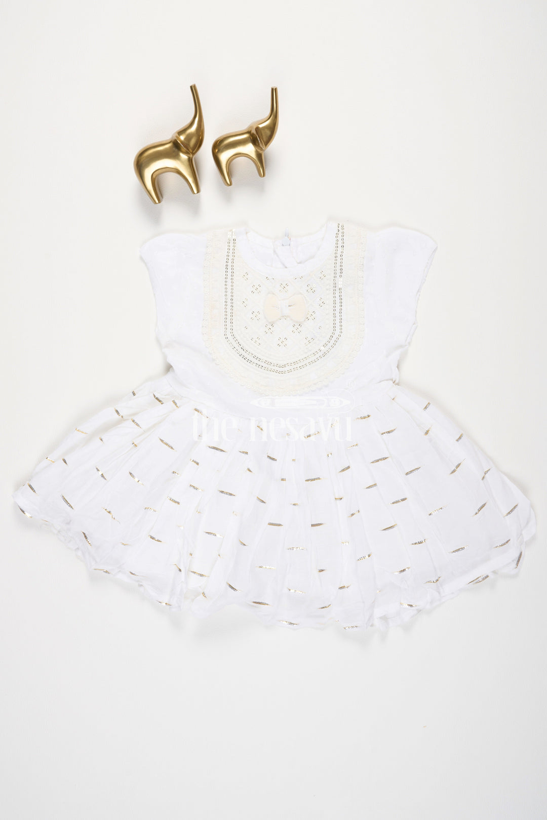 The Nesavu Baby Cotton Frocks Cream Cotton Modal Frock for Baby Girls with Sequins Embroidered Yoke Nesavu Cream Cotton Modal Frock for Baby Girls with Sequins Embroidered Yoke Nesavu