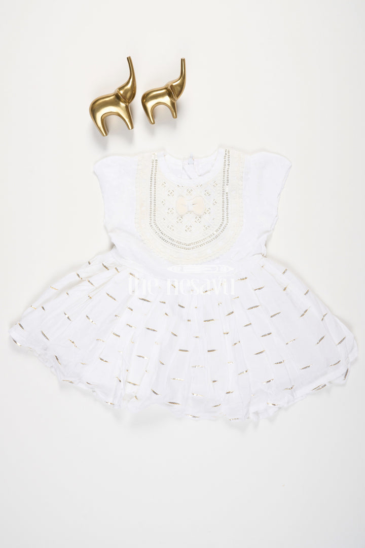 The Nesavu Baby Cotton Frocks Cream Cotton Modal Frock for Baby Girls with Sequins Embroidered Yoke Nesavu Cream Cotton Modal Frock for Baby Girls with Sequins Embroidered Yoke Nesavu