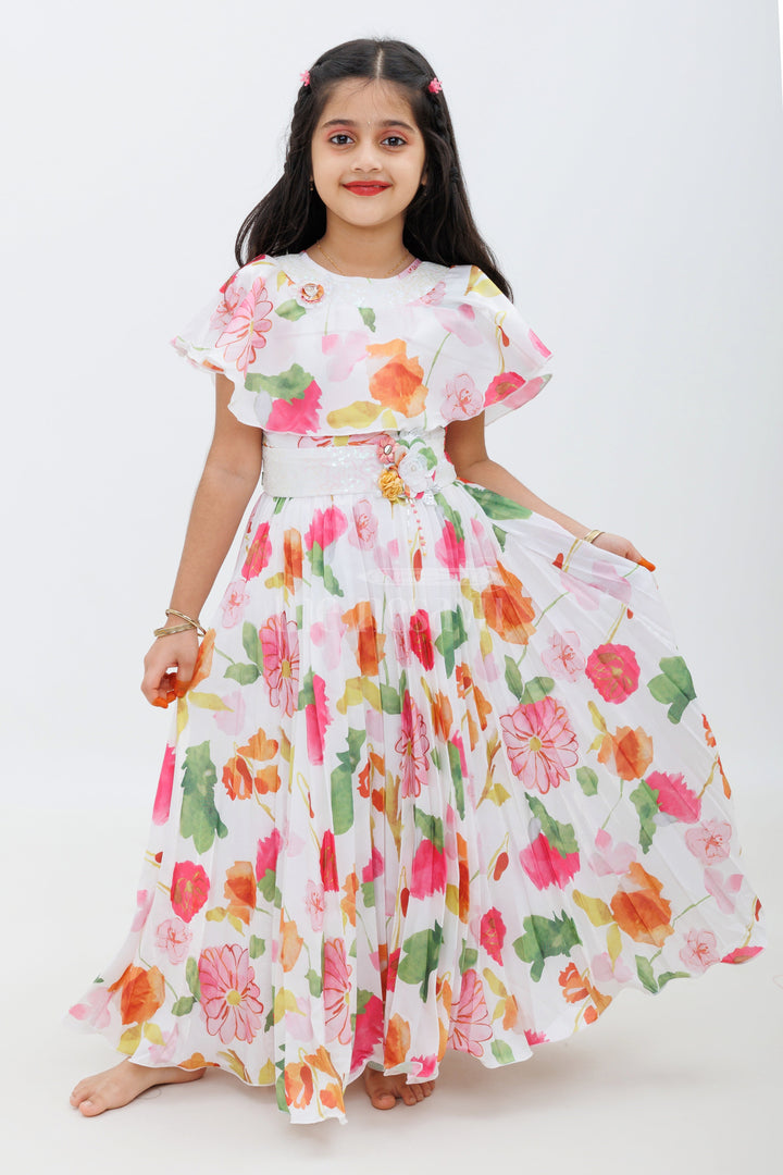 The Nesavu Girls Party Gown Cream Glaze Organza Print Gown for Girls Nesavu 22 (4Y) / Cream GA247A-22 Cream Glaze Organza Floral Print Gown for Girls - Nesavu