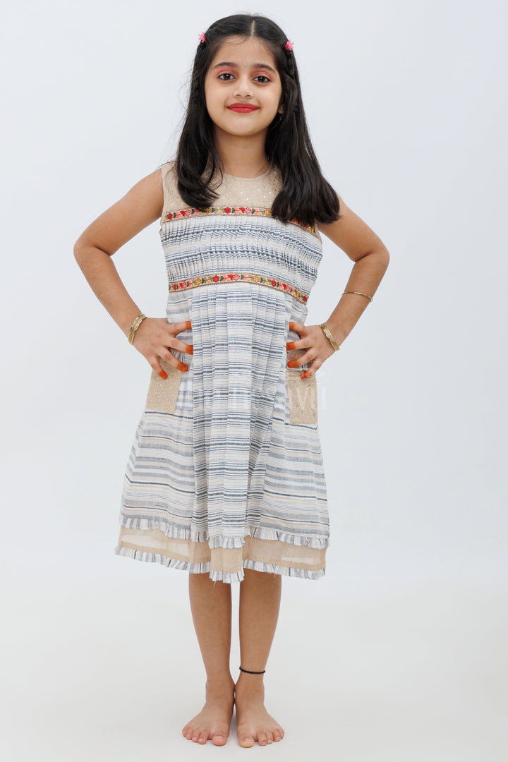 The Nesavu Girls Cotton Frock Cream Handloom Cotton Frock with Black and White Stripes Nesavu Cream Handloom Cotton Frock with Black and White Stripes - Nesavu