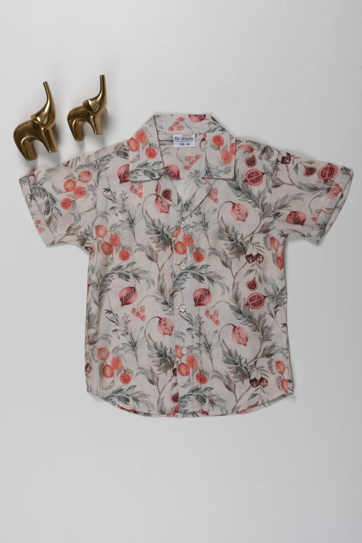 The Nesavu Boys Cotton Shirt Cream Pomegranate Watercolor Print Shirt - Ideal for Casual, Vacation, and Party Wear Nesavu 16 (1Y) / Half white / Chanderi BS164B-16 Cream Pomegranate Watercolor Print Shirt - Casual, Vacation, and Party Wear for Kids