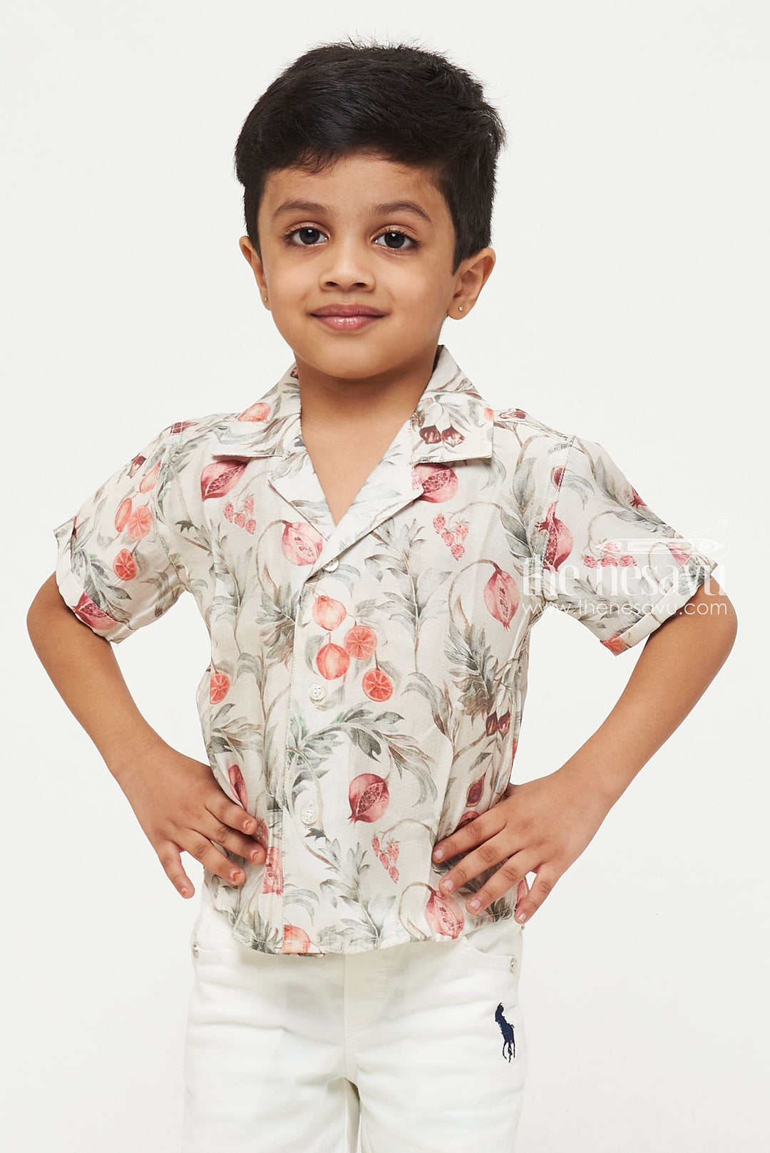 The Nesavu Boys Cotton Shirt Cream Pomegranate Watercolor Print Shirt - Ideal for Casual, Vacation, and Party Wear Nesavu Cream Pomegranate Watercolor Print Shirt - Casual, Vacation, and Party Wear for Kids