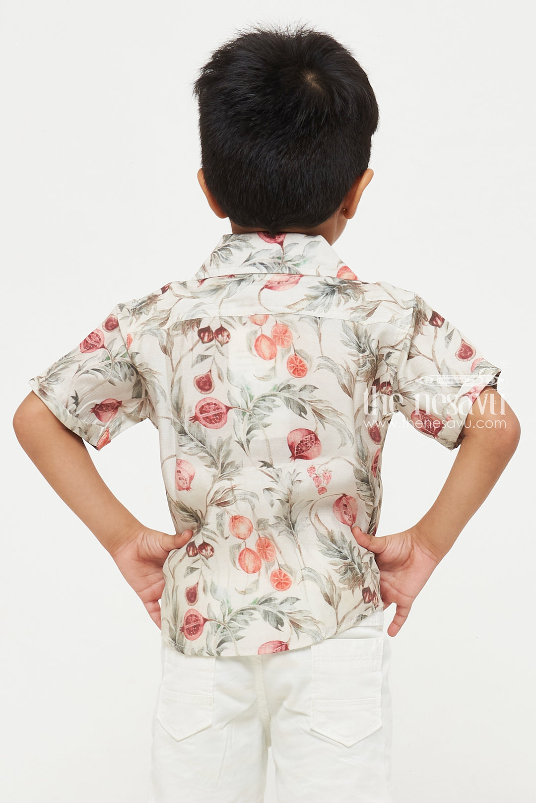 The Nesavu Boys Cotton Shirt Cream Pomegranate Watercolor Print Shirt - Ideal for Casual, Vacation, and Party Wear Nesavu Cream Pomegranate Watercolor Print Shirt - Casual, Vacation, and Party Wear for Kids