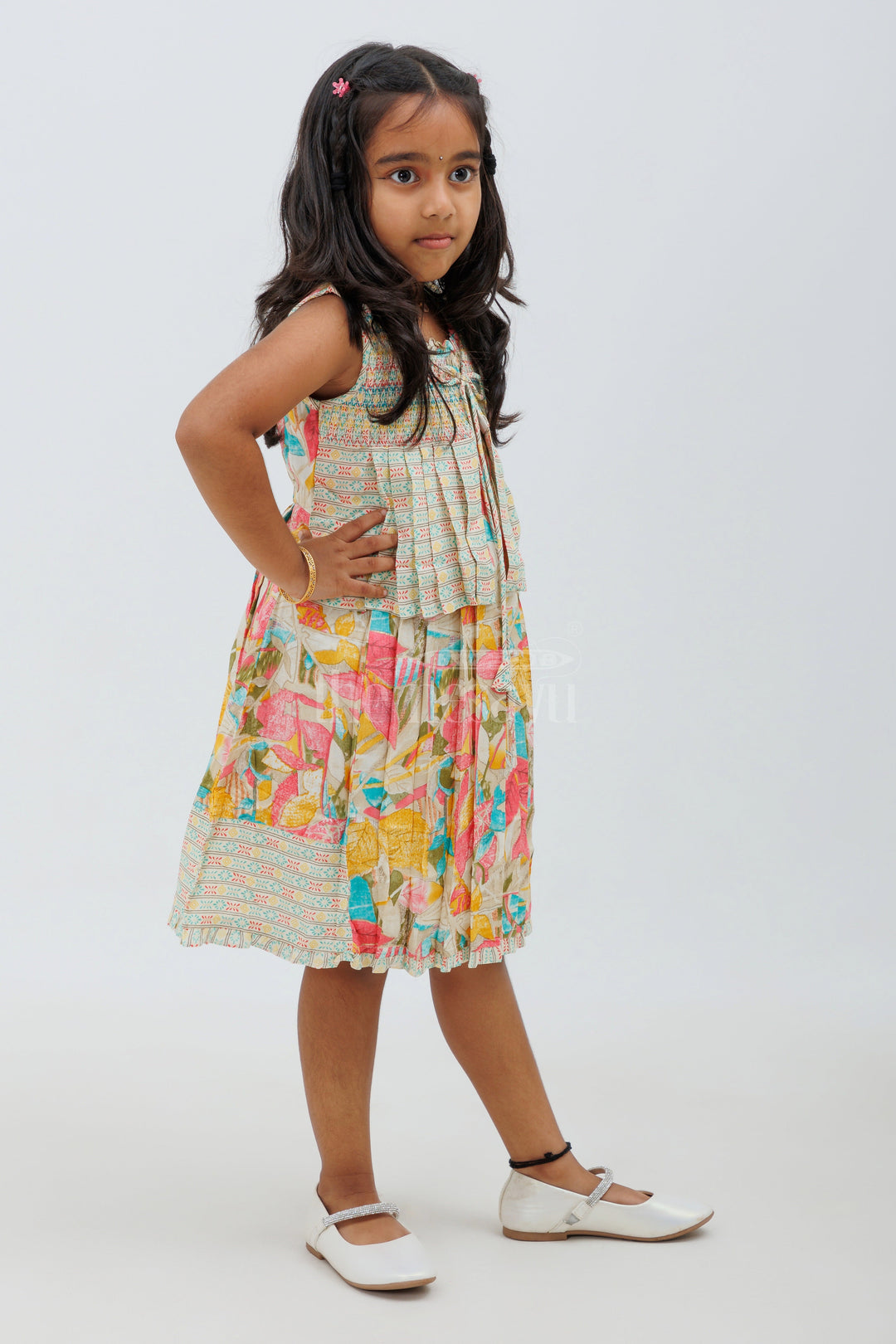 The Nesavu Girls Cotton Frock Cream Rayon Cotton Frock with Floral Print and VNeck Nesavu Cream Rayon Cotton Frock with Floral Print and V-Neck - Nesavu