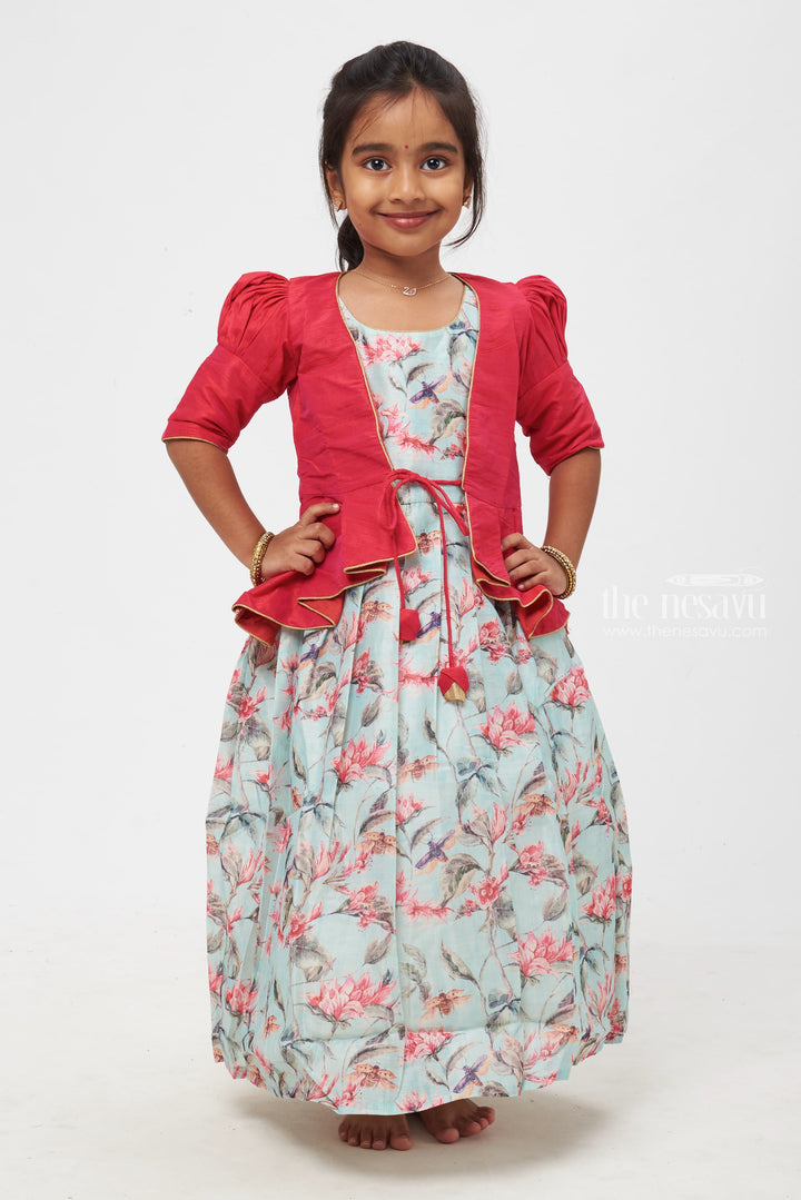 The Nesavu Girls Silk Gown Crimson Elegance: Children's Bird & Blossom Print Dress Ensemble Nesavu 16 (1Y) / Blue / Silk Blend GA178B-16 Exquisite Anarkali with Overcoat Collection | Tradition with Trendy Dress Designs | The Nesavu