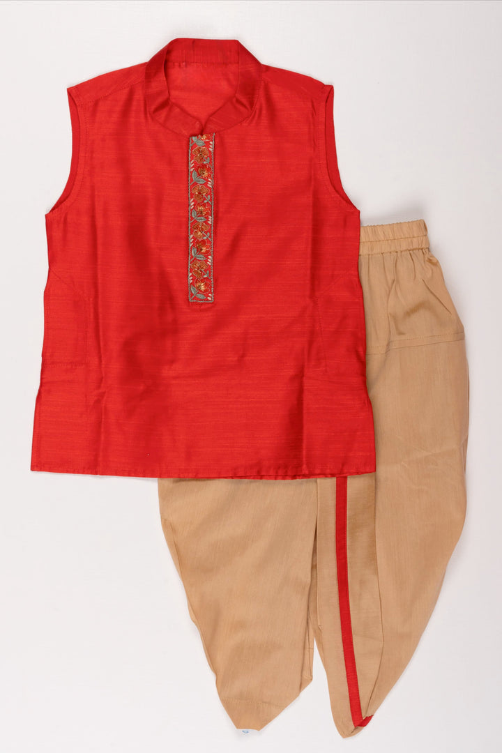 The Nesavu Boys Dothi Set Crimson Red Kurta and Beige Dhoti Set for Boys - Classic Panchagajam Attire Nesavu 12 (3M) / Red / Silk Blend BES476B-12 Boys' Crimson Red Kurta & Beige Dhoti Set | Traditional Panchagajam Ensemble | The Nesavu