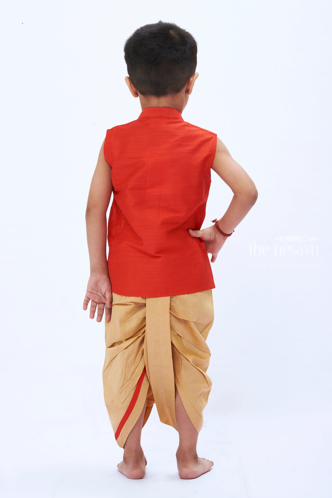 The Nesavu Boys Dothi Set Crimson Red Kurta and Beige Dhoti Set for Boys - Classic Panchagajam Attire Nesavu Boys' Crimson Red Kurta & Beige Dhoti Set | Traditional Panchagajam Ensemble | The Nesavu