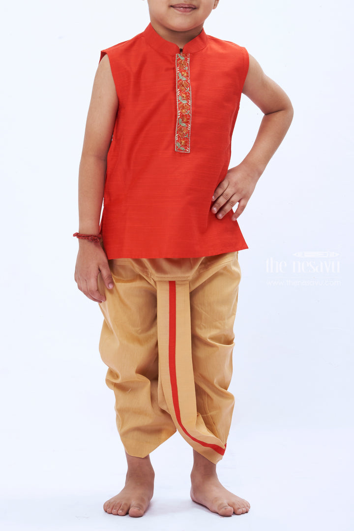 The Nesavu Boys Dothi Set Crimson Red Kurta and Beige Dhoti Set for Boys - Classic Panchagajam Attire Nesavu Boys' Crimson Red Kurta & Beige Dhoti Set | Traditional Panchagajam Ensemble | The Nesavu