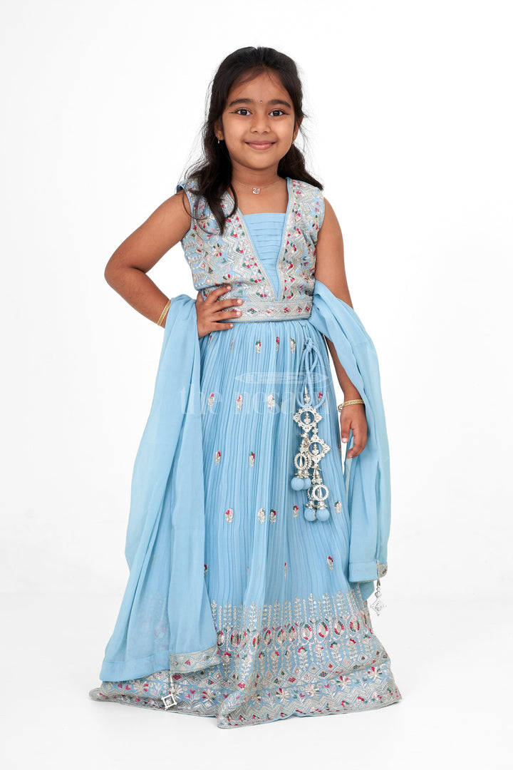 The Nesavu Girls Lehenga Choli Crush Chinon Designer Embroidered Lehenga Choli for Girls in Blue with Luxurious Detailing Nesavu 24 (5Y) / Blue GL532A-24 Nesavu Blue Lehenga Choli Girls Designer Embroidered Crush Chinon Festive Family Gatherings