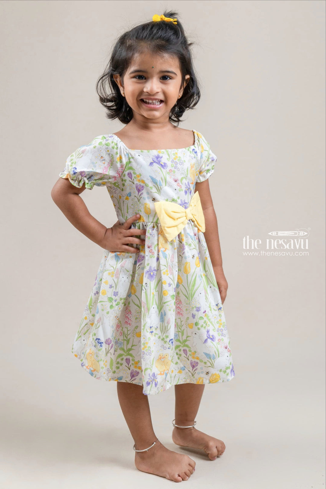 The Nesavu Girls Fancy Frock Cute Animals N Floral Printed White Girls Cotton Frock With Bow Applique Nesavu Latest Frock Design Online | Animal Printed Frock | The Nesavu