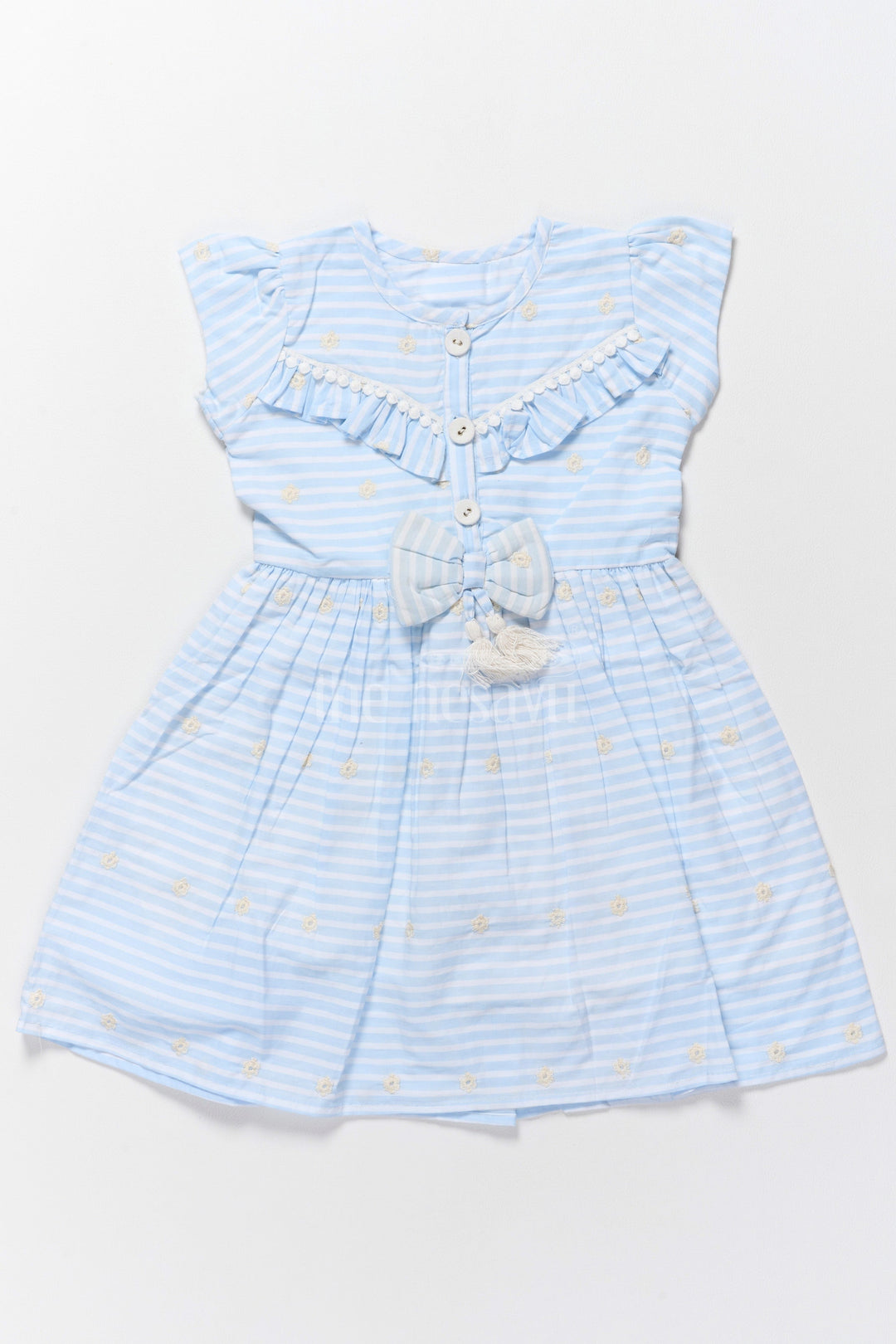 The Nesavu Girls Cotton Frock Cute Casual Frocks for Girls with Blue Stripes and Bow Detailing Comfortable and Stylish Nesavu 22 (4Y) / Blue GFC1494A-22 Nesavu Blue Striped Cotton Frock Ruffles Bow Details Perfect Casual Outings