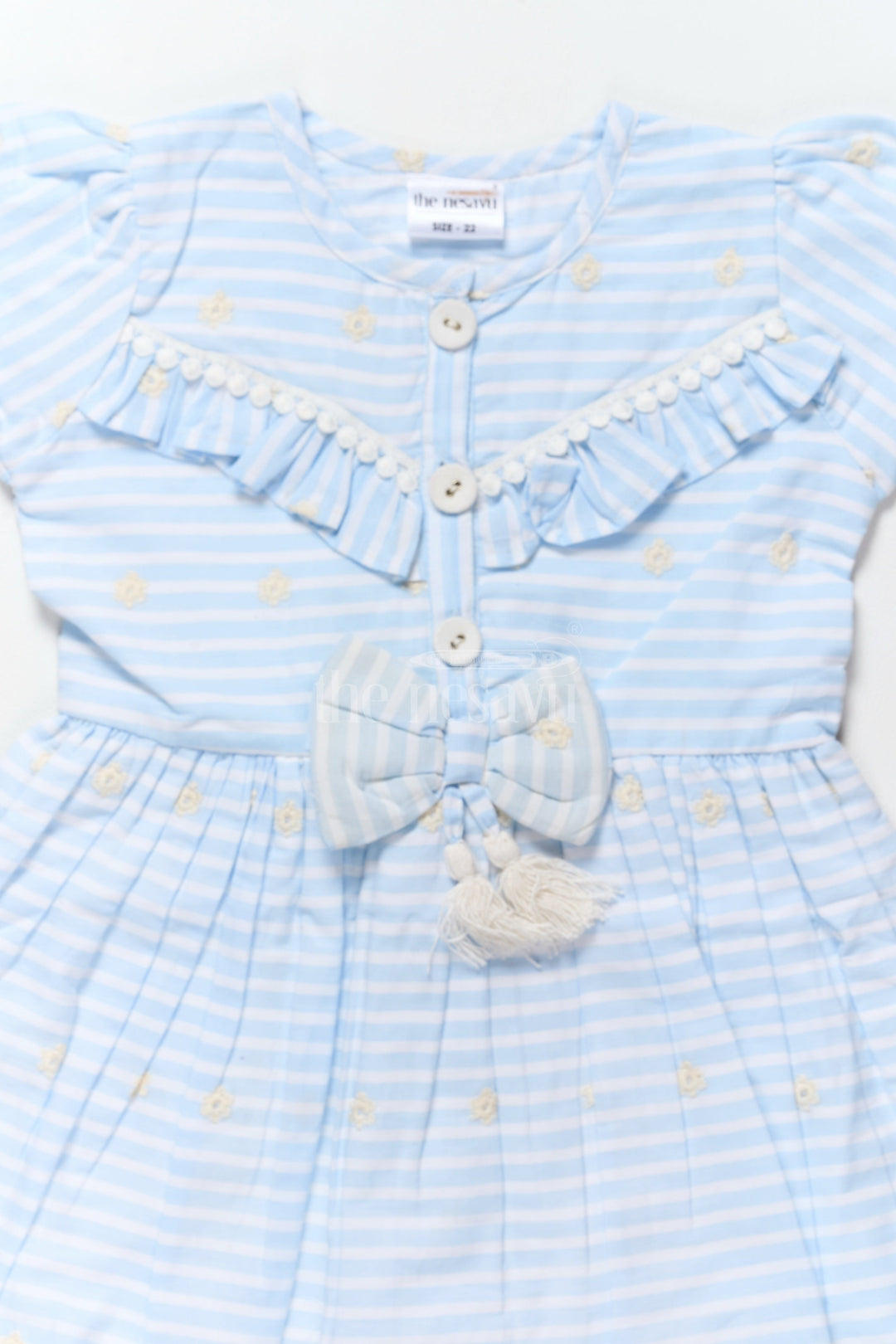 The Nesavu Girls Cotton Frock Cute Casual Frocks for Girls with Blue Stripes and Bow Detailing Comfortable and Stylish Nesavu Nesavu Blue Striped Cotton Frock Ruffles Bow Details Perfect Casual Outings