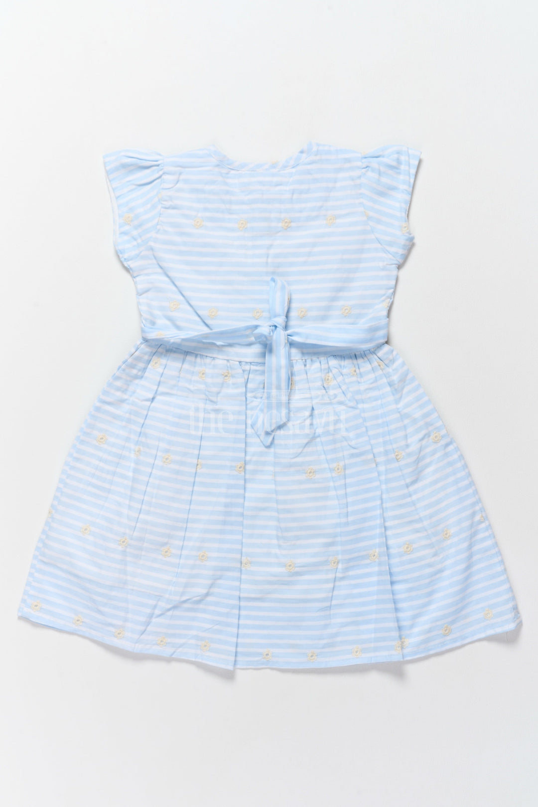 The Nesavu Girls Cotton Frock Cute Casual Frocks for Girls with Blue Stripes and Bow Detailing Comfortable and Stylish Nesavu Nesavu Blue Striped Cotton Frock Ruffles Bow Details Perfect Casual Outings