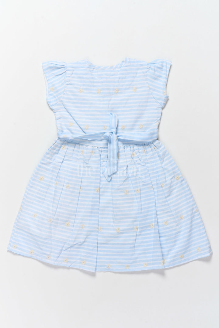 The Nesavu Girls Cotton Frock Cute Casual Frocks for Girls with Blue Stripes and Bow Detailing Comfortable and Stylish Nesavu Nesavu Blue Striped Cotton Frock Ruffles Bow Details Perfect Casual Outings