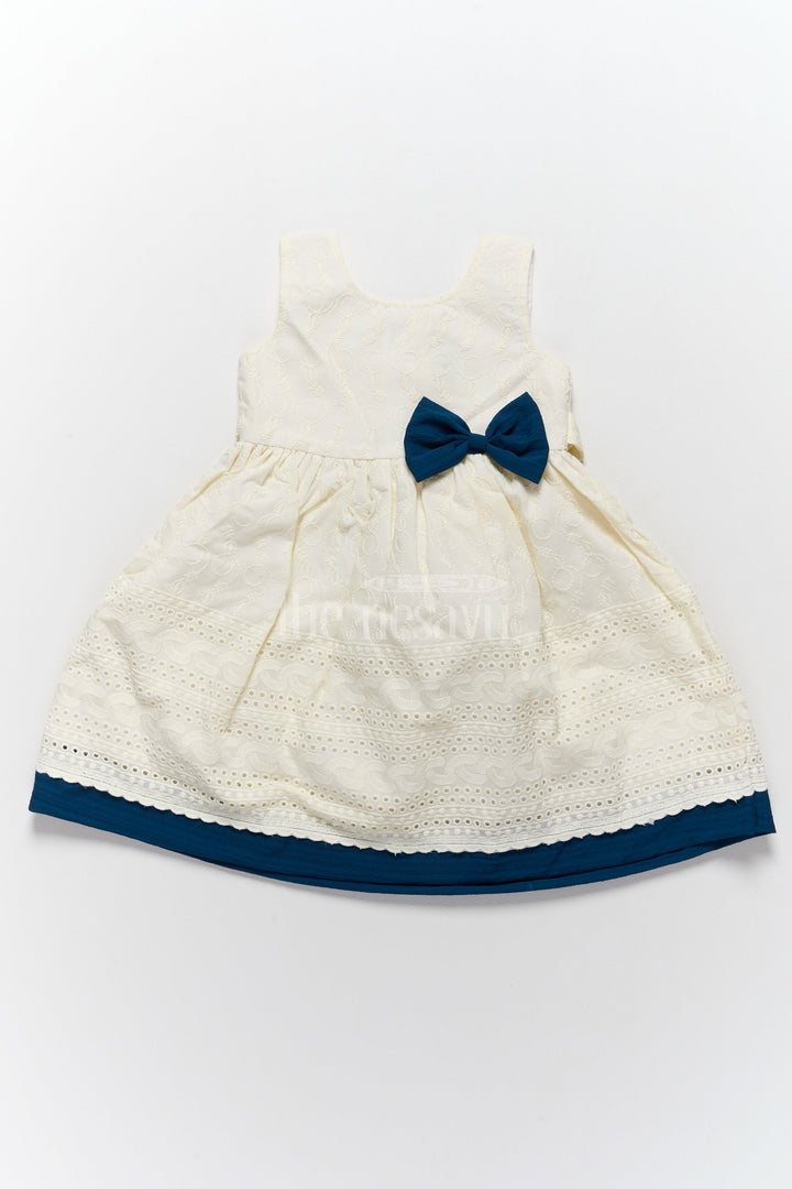 The Nesavu Girls Cotton Frock Cute Cotton Dresses with Hakoba Embroidery and Navy Bow for Girls Nesavu 18 (2Y) / Half white GFC1342D-18 Nesavu Cute Cotton Dress Girls Hakoba Embroidery Navy Bow  Great Gatherings