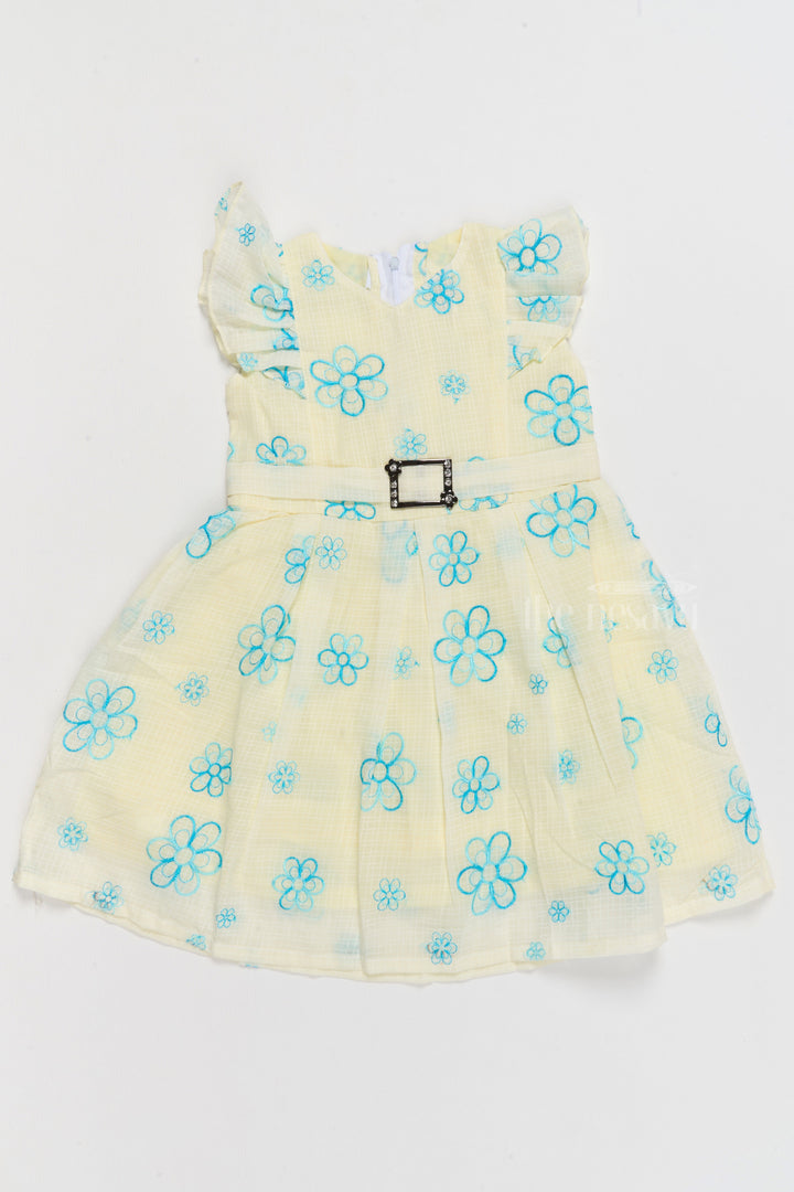 The Nesavu Girls Cotton Frock Daily Wear Cotton Frocks for Girls with Floral Embroidery and Ruffled Sleeves Nesavu 20 (3Y) / Yellow GFC1544A-20 Nesavu Daily Wear Cotton Girls Frock Floral Embroidery Jeweled Belt  Casual Comfortable