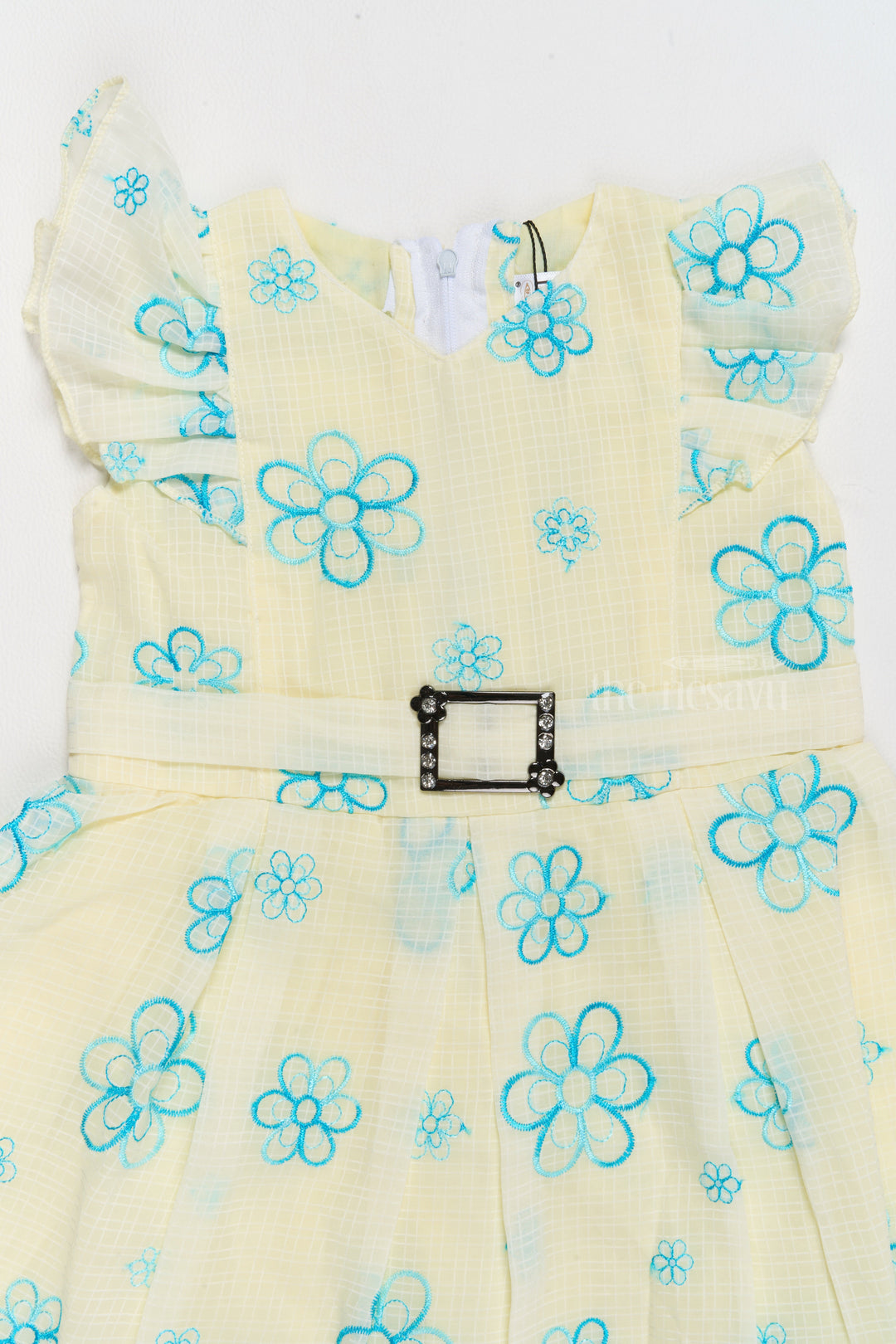 The Nesavu Girls Cotton Frock Daily Wear Cotton Frocks for Girls with Floral Embroidery and Ruffled Sleeves Nesavu Nesavu Daily Wear Cotton Girls Frock Floral Embroidery Jeweled Belt  Casual Comfortable