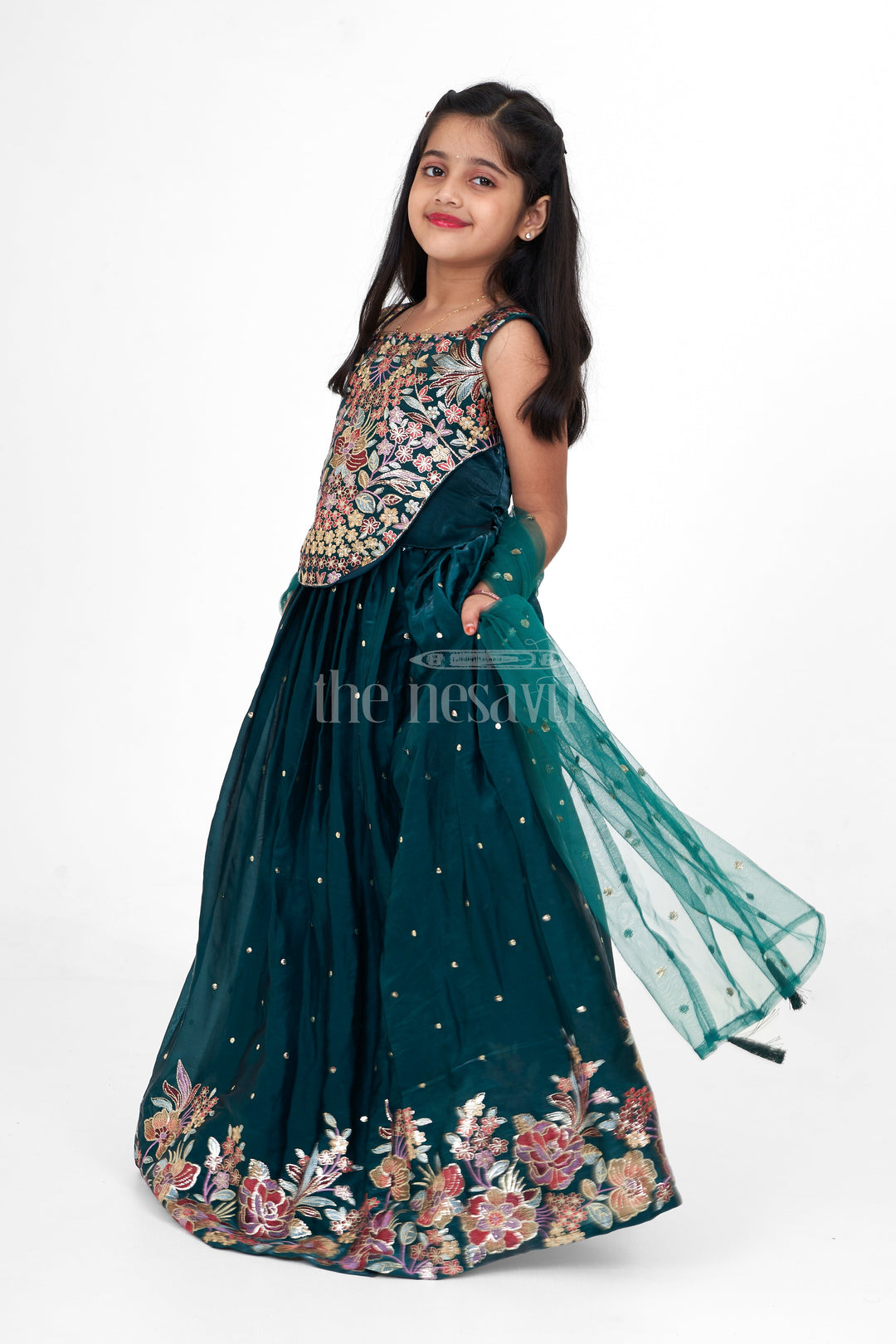 The Nesavu Girls Lehenga Choli Dark Green Chinon Silk Girls Lehenga Choli with Designer Embroidery for Weddings and Special Events Nesavu 24 (5Y) / Green GL539A-24 Nesavu Dark Green Chinon Silk Lehenga Choli Girls Designer Embroidery Perfect Weddings Festive Events