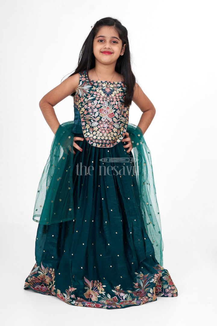 The Nesavu Girls Lehenga Choli Dark Green Chinon Silk Girls Lehenga Choli with Designer Embroidery for Weddings and Special Events Nesavu Nesavu Dark Green Chinon Silk Lehenga Choli Girls Designer Embroidery Perfect Weddings Festive Events