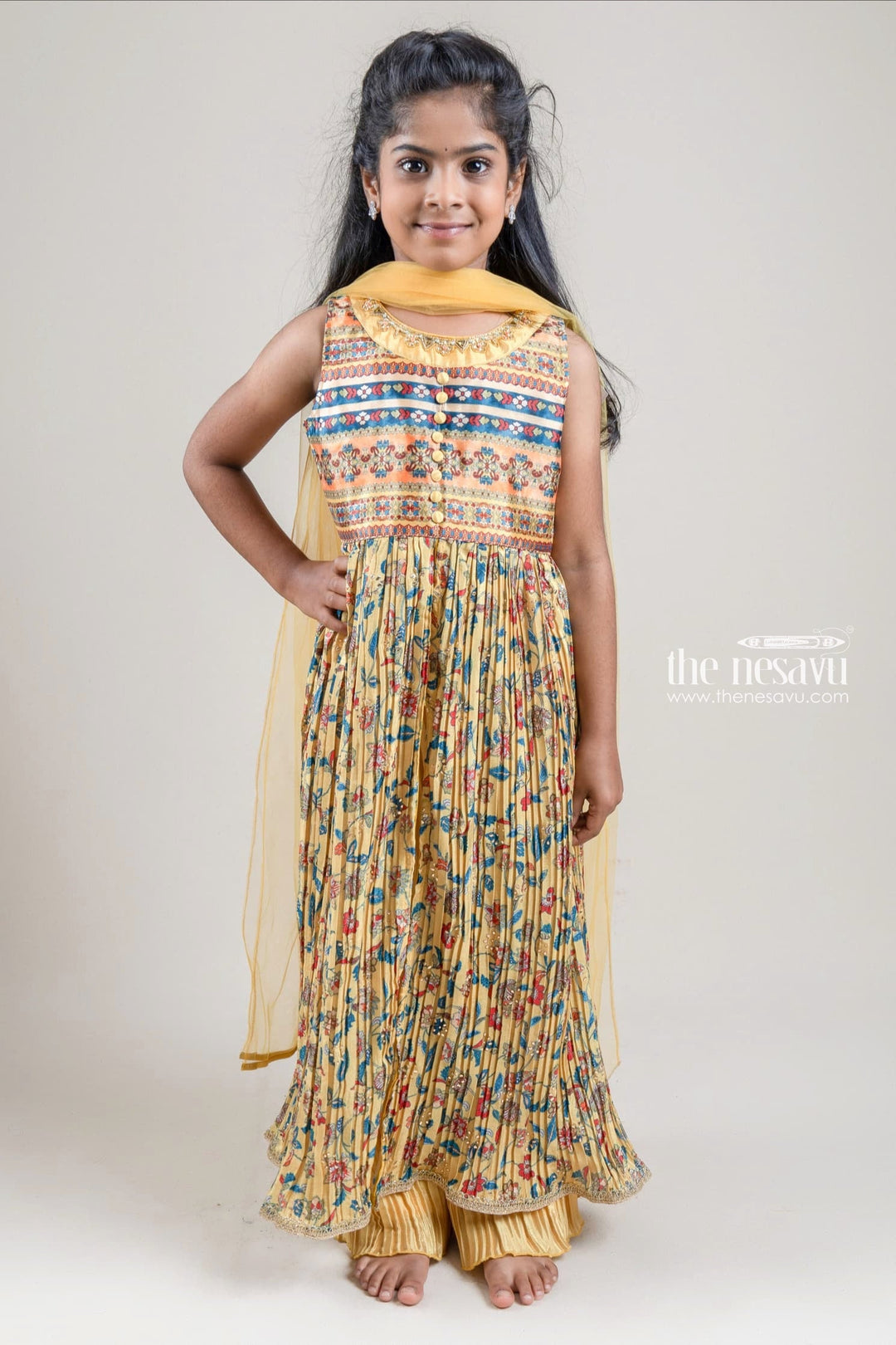 The Nesavu Girls Sharara / Plazo Set Dazzling Floral Printed Pleated Yellow Tunic Top N Palazzo Pant For Girls Nesavu 14 (6M) / Yellow / Chinnon Chiffon GPS140-14 Trendy Kurti With Palazzo Pant For Girls | Premium Kurti And Palazzo Suit | The Nesavu