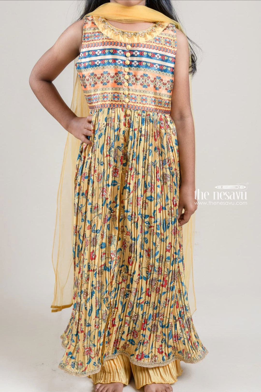 The Nesavu Girls Sharara / Plazo Set Dazzling Floral Printed Pleated Yellow Tunic Top N Palazzo Pant For Girls Nesavu Trendy Kurti With Palazzo Pant For Girls | Premium Kurti And Palazzo Suit | The Nesavu